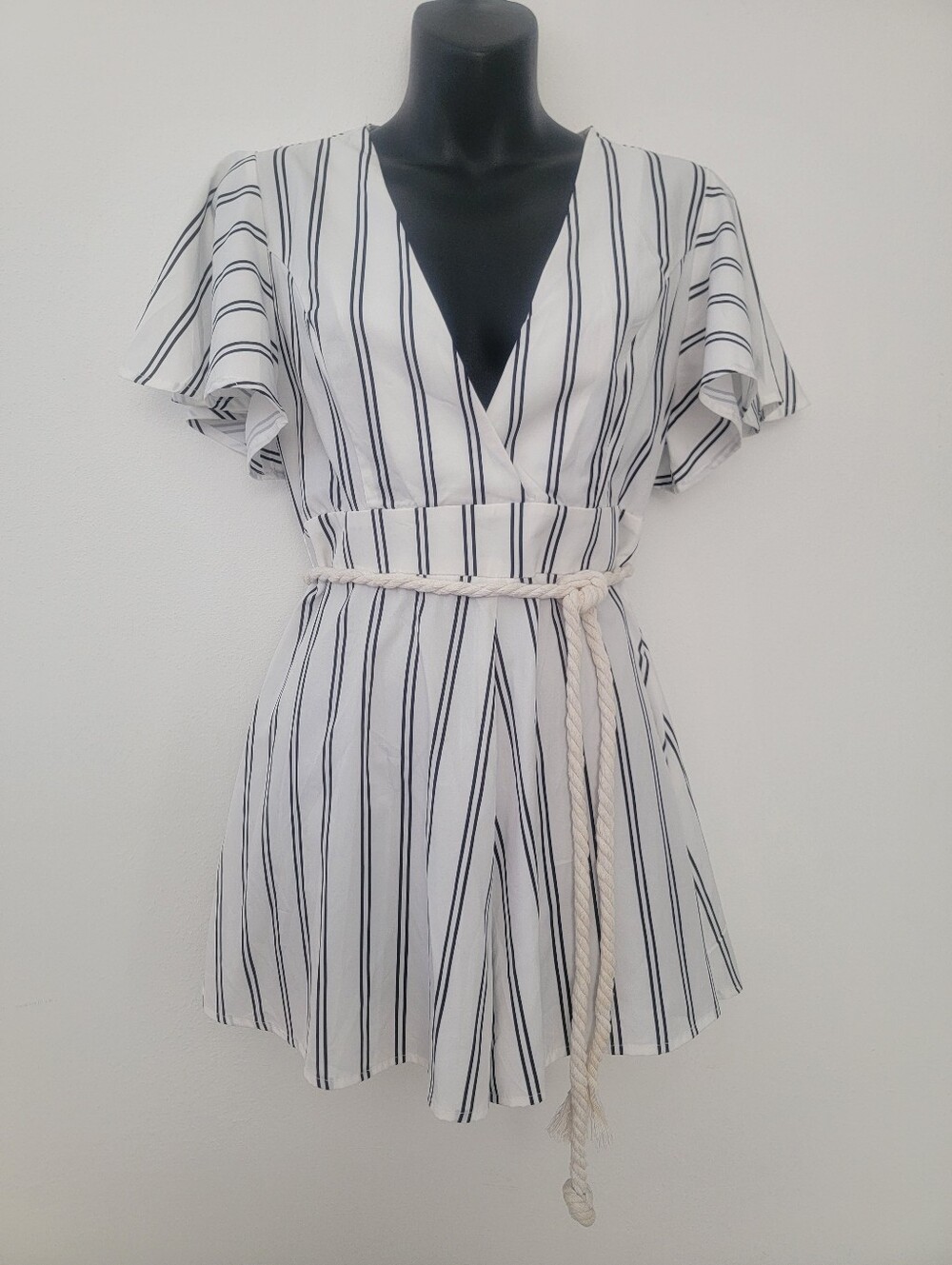 White & Black Striped Wrap Romper with Rope Belt